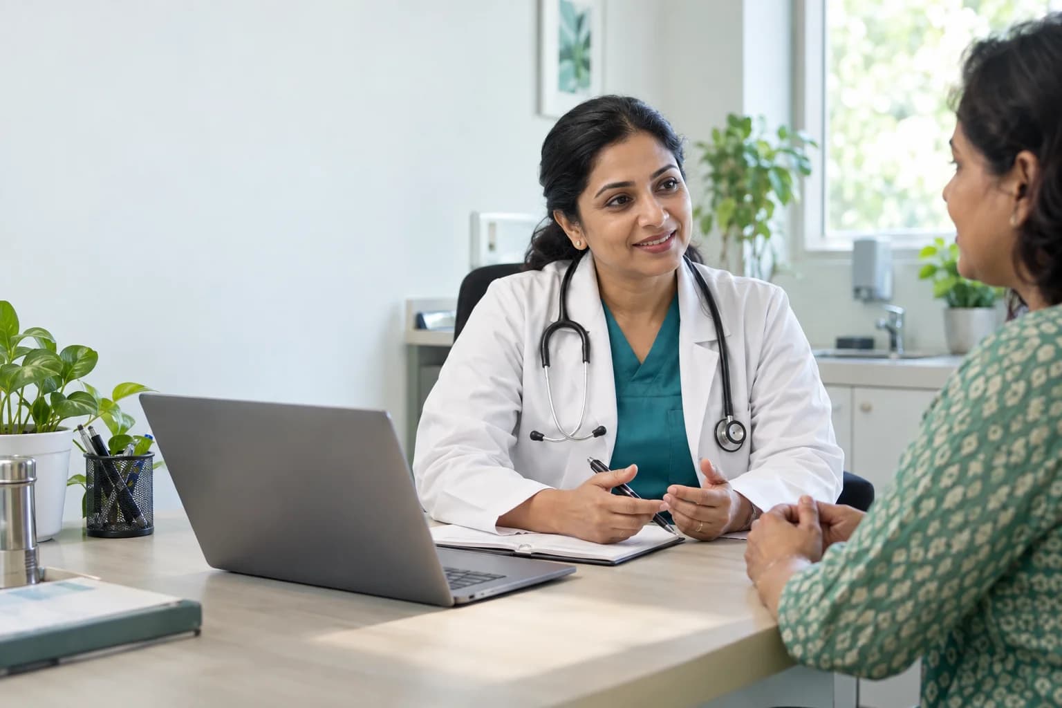 Illustrative scene of a clinician listening to a patient in an independent clinic
